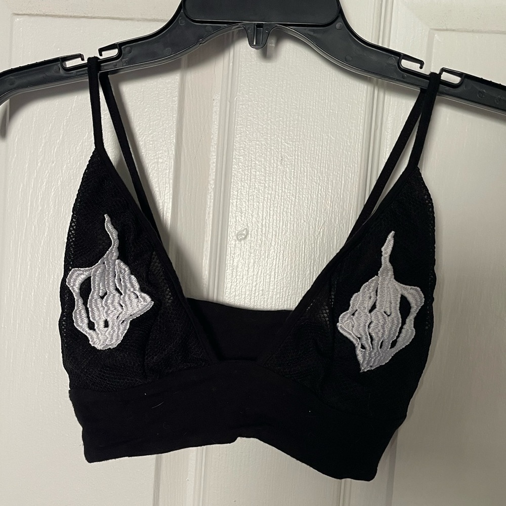 Black Lace Bralette with White Embroidery